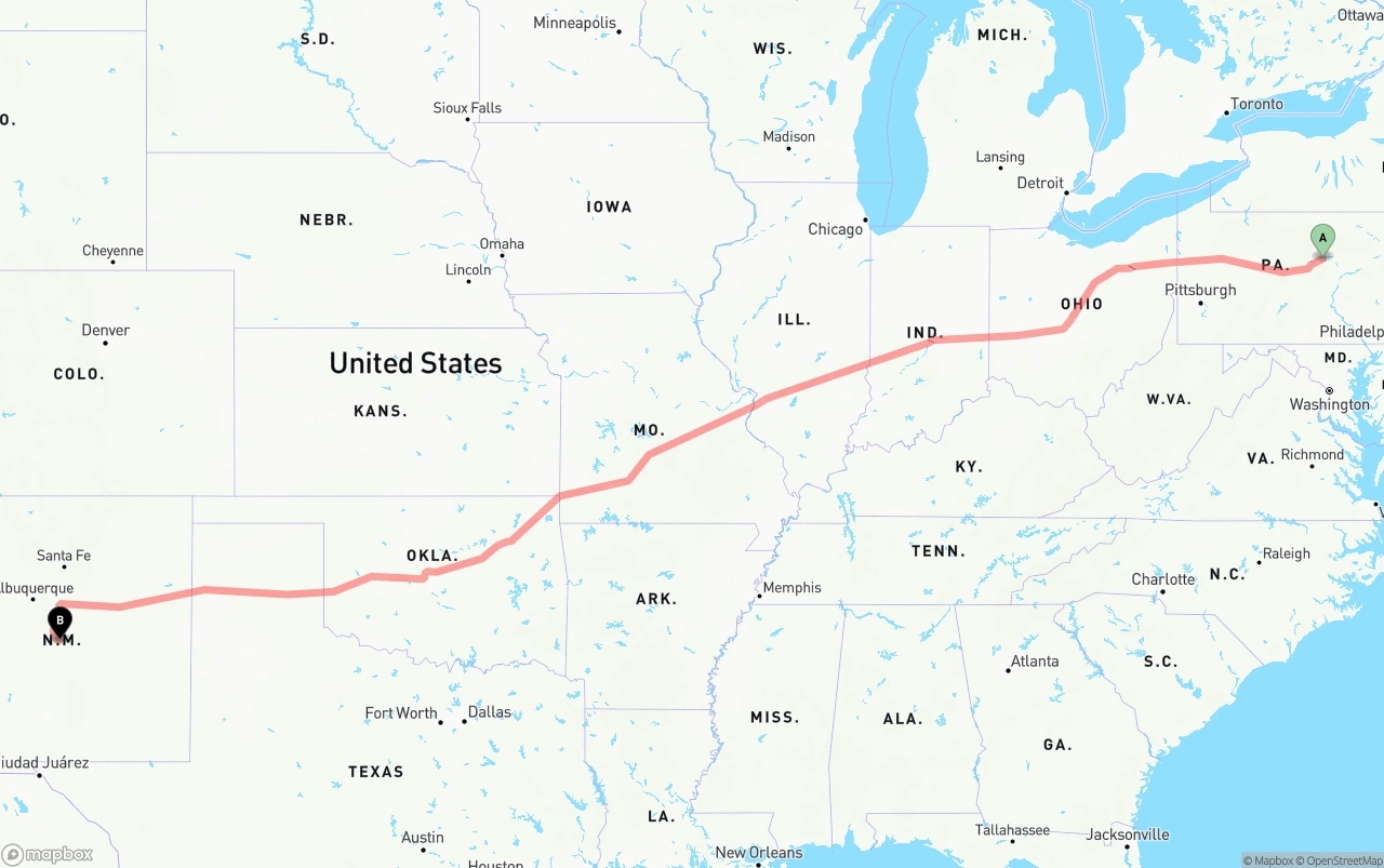 Shipping route from Pennsylvania to New Mexico