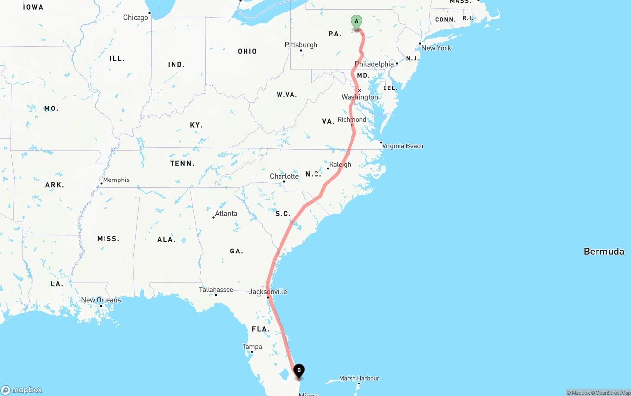 Shipping route from Pennsylvania to Palm Beach International Airport