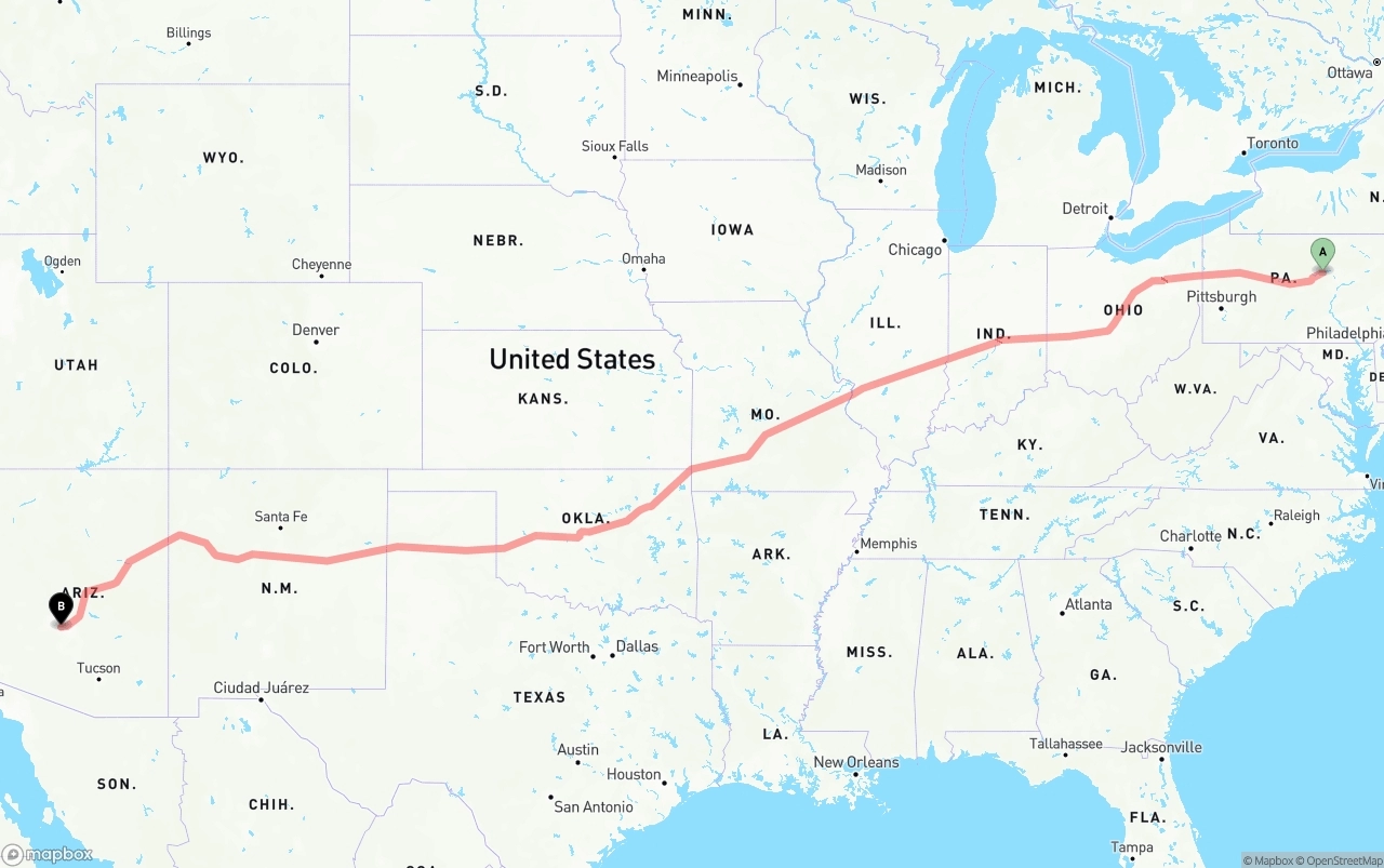 Shipping route from Pennsylvania to Phoenix Sky Harbor International Airport