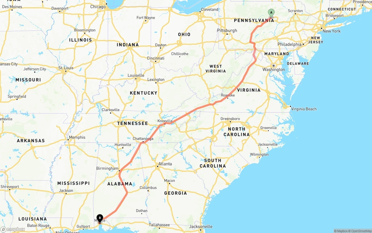 Shipping route from Pennsylvania to Port of Mobile
