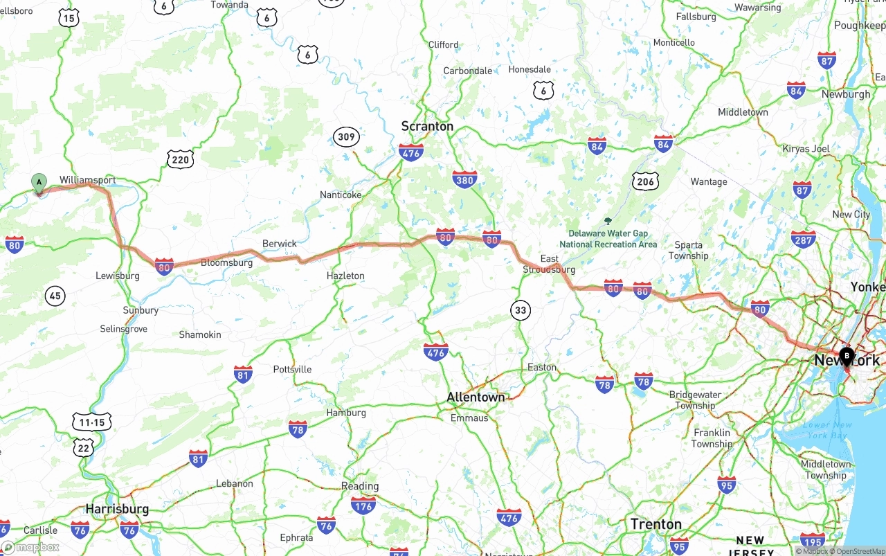 Shipping route from Pennsylvania to Port of New York