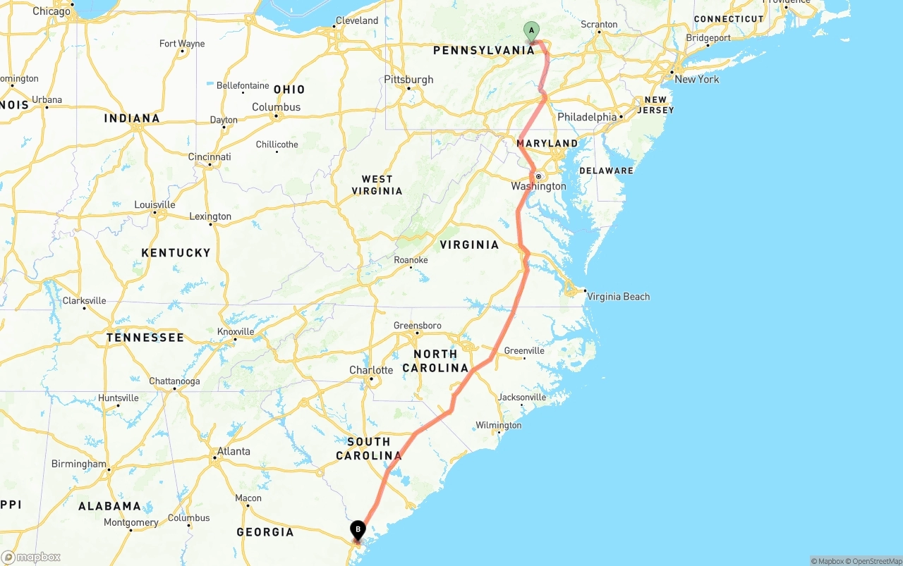 Shipping route from Pennsylvania to Port of Savannah
