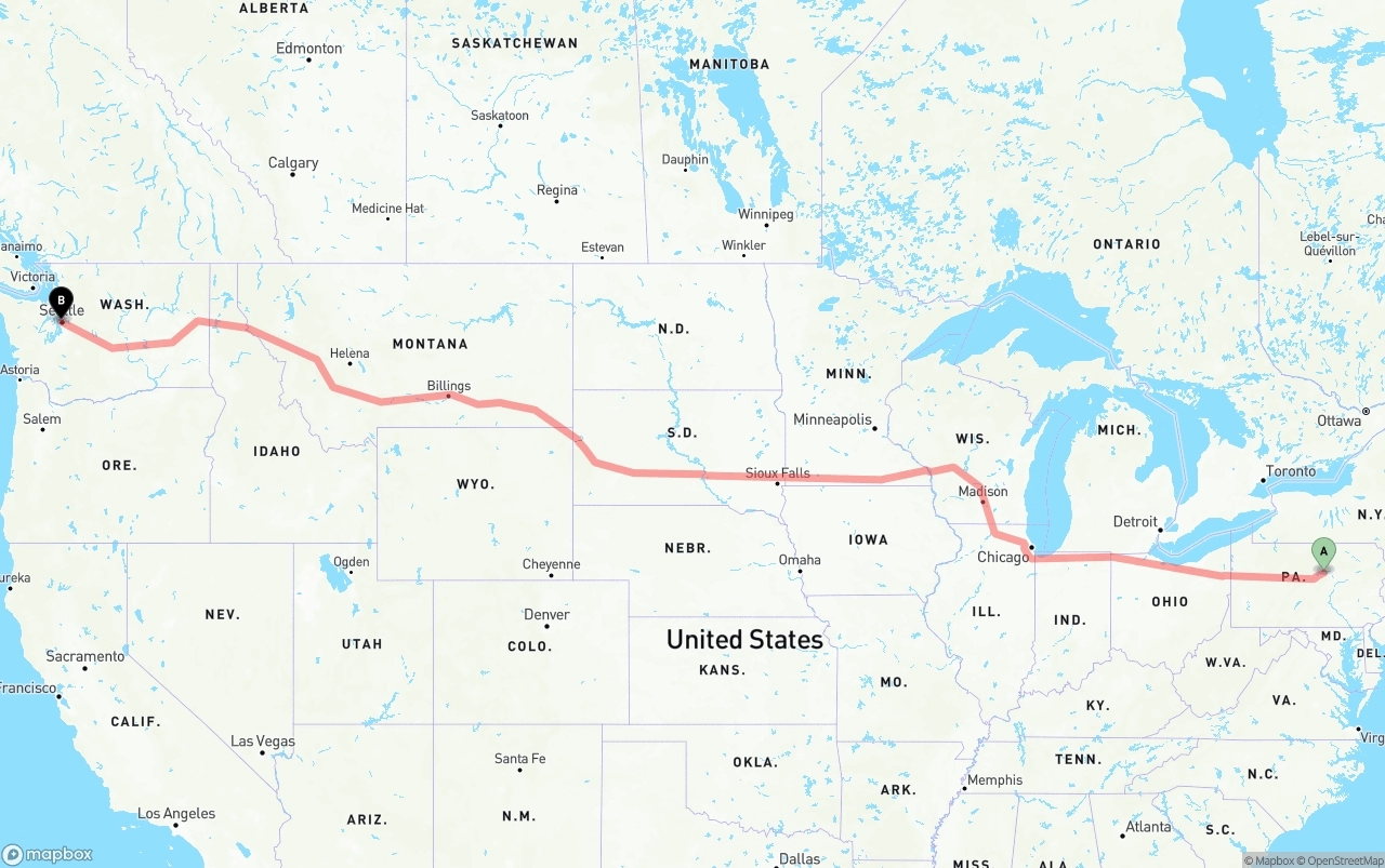 Shipping route from Pennsylvania to Port of Seattle