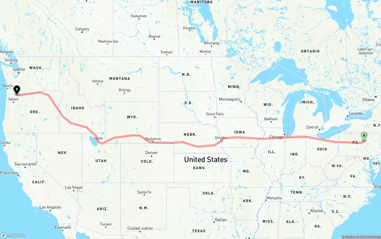 Shipping route from Pennsylvania to Portland International Airport
