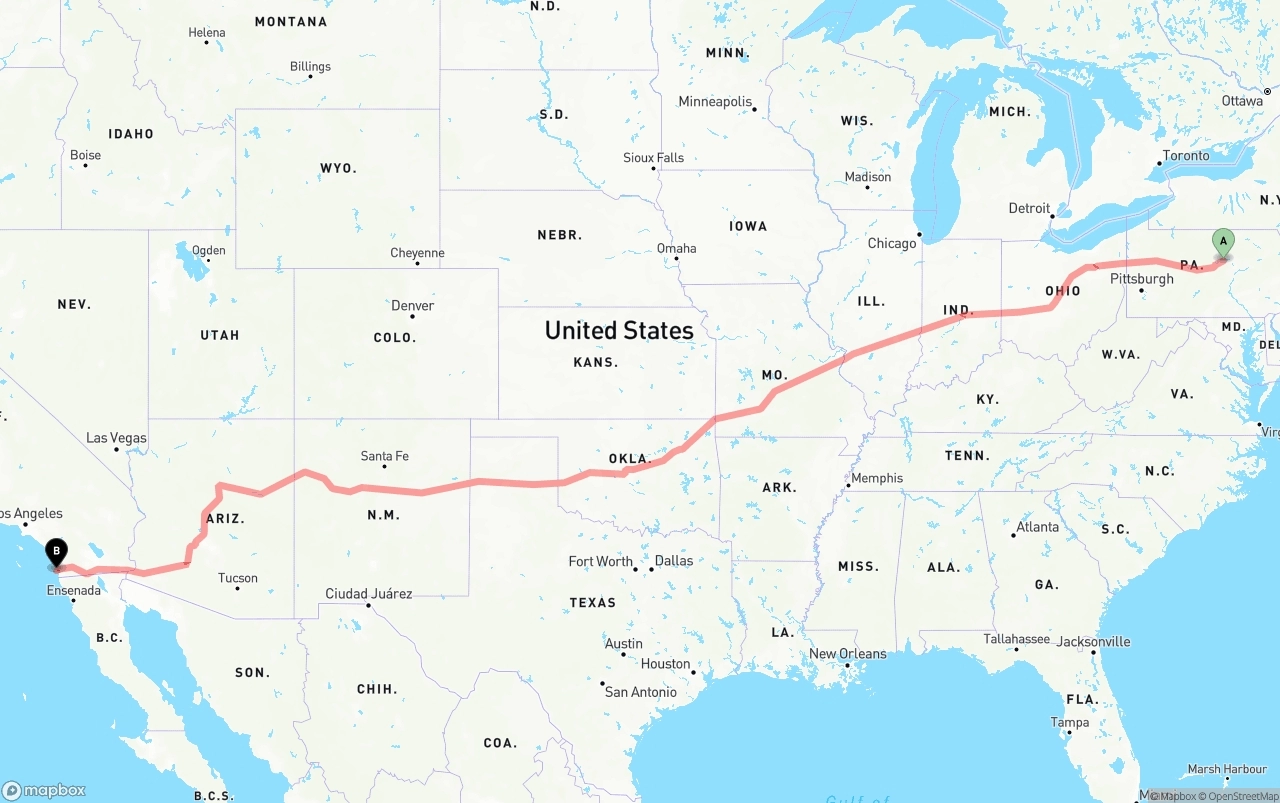Shipping route from Pennsylvania to San Diego International Airport