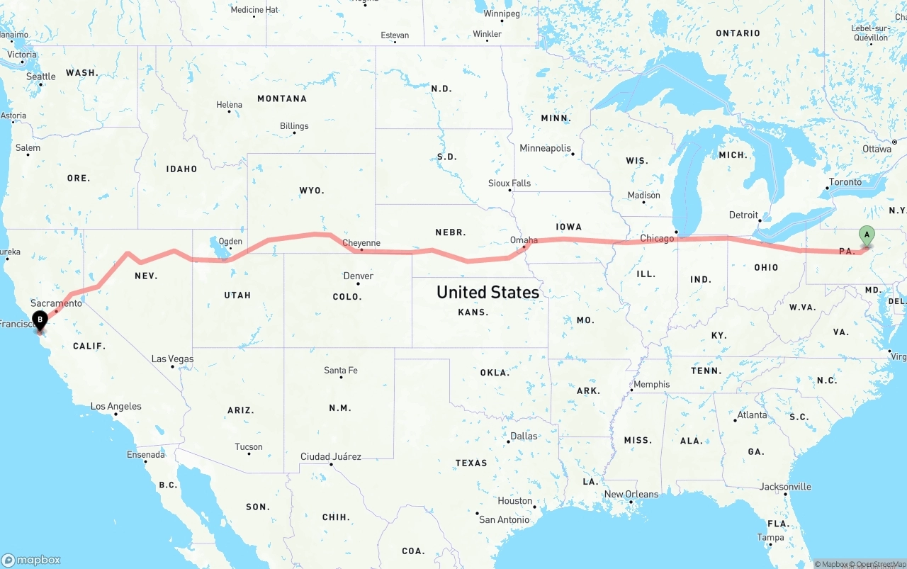 Shipping route from Pennsylvania to San Francisco International Airport