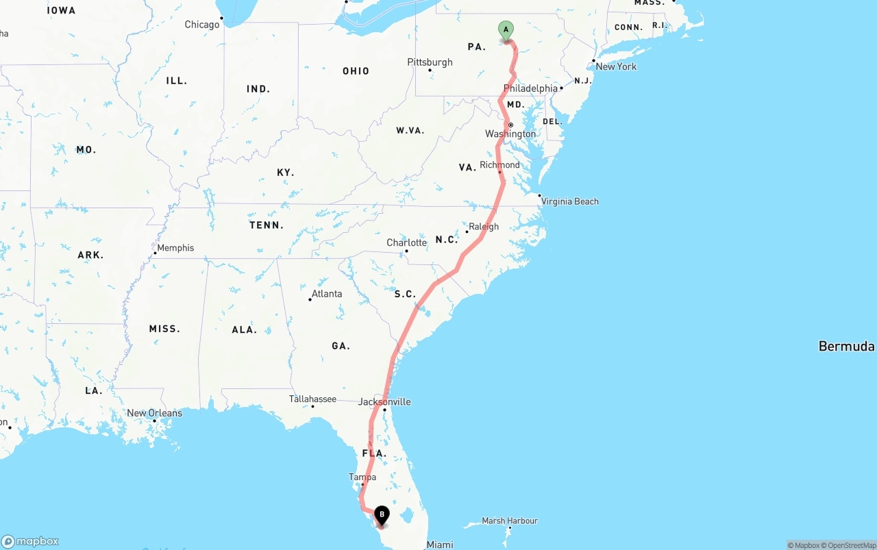 Shipping route from Pennsylvania to Southwest Florida International Airport