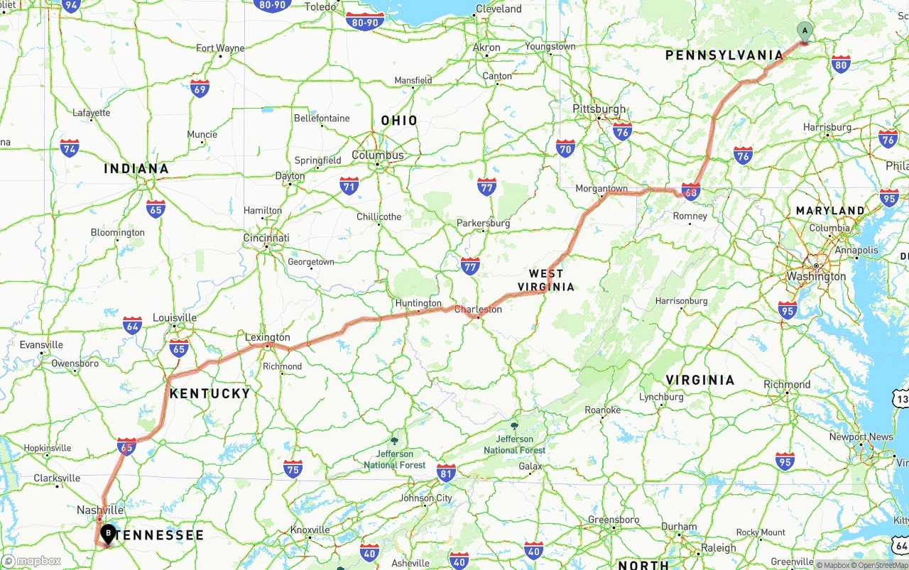 Shipping route from Pennsylvania to Tennessee