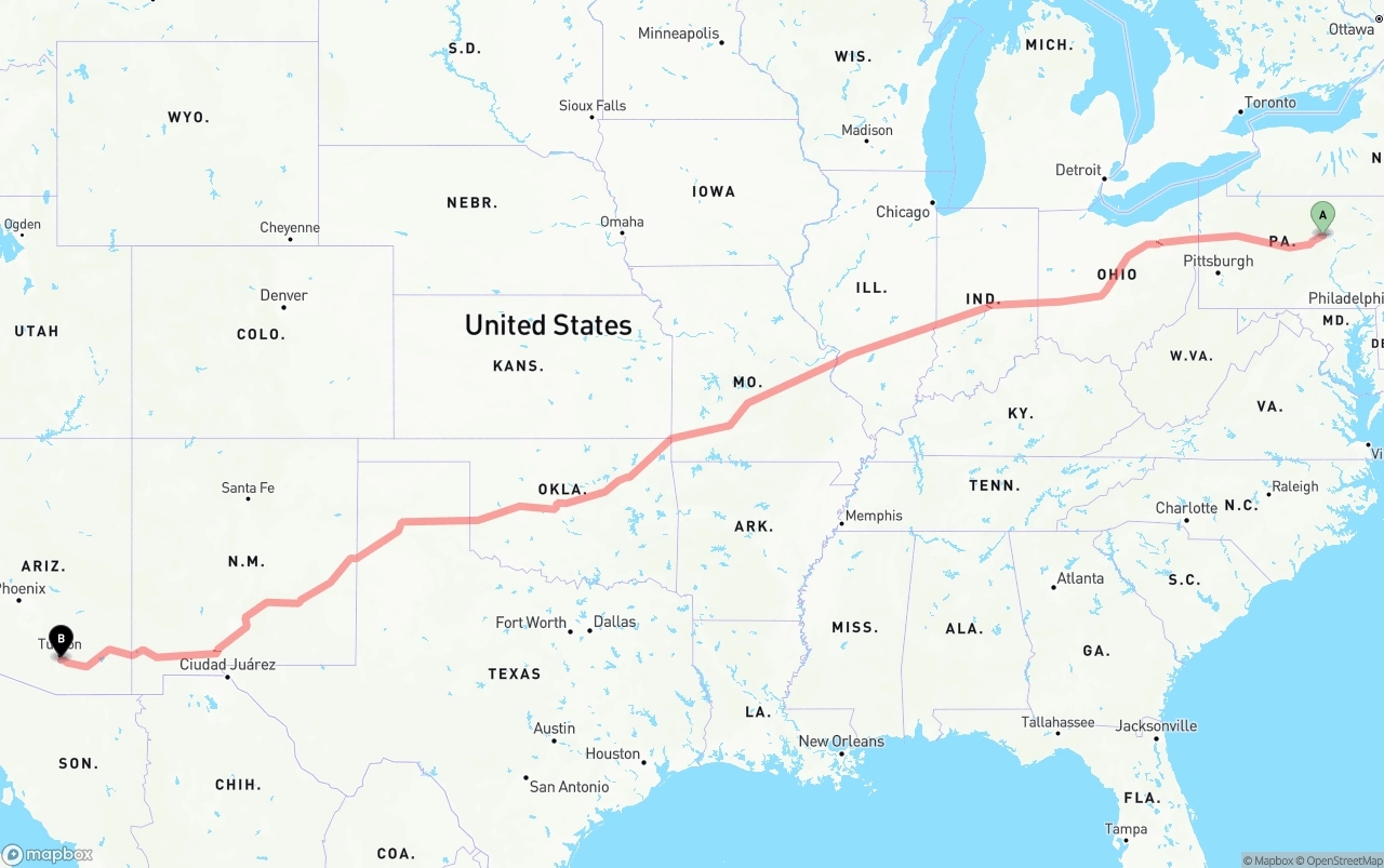 Shipping route from Pennsylvania to Tucson International Airport