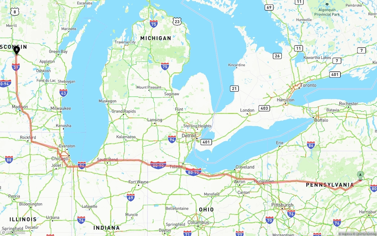 Shipping route from Pennsylvania to Wisconsin