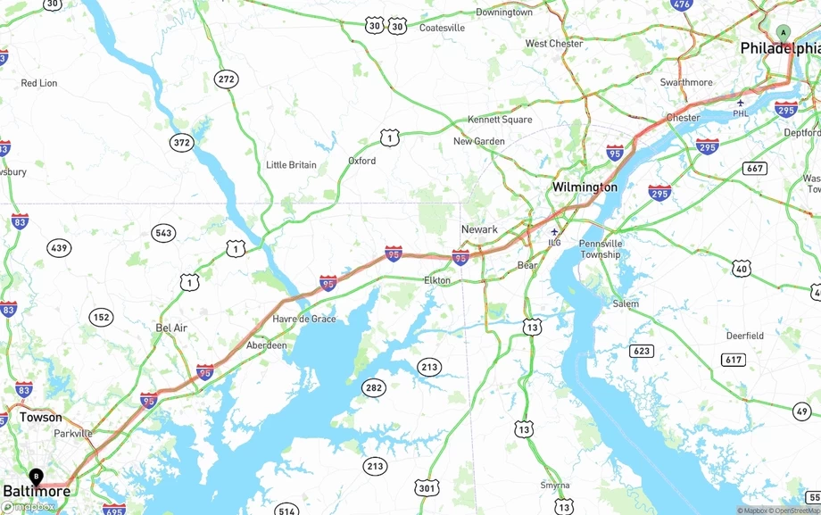 Philadelphia to Baltimore freight shipping route map