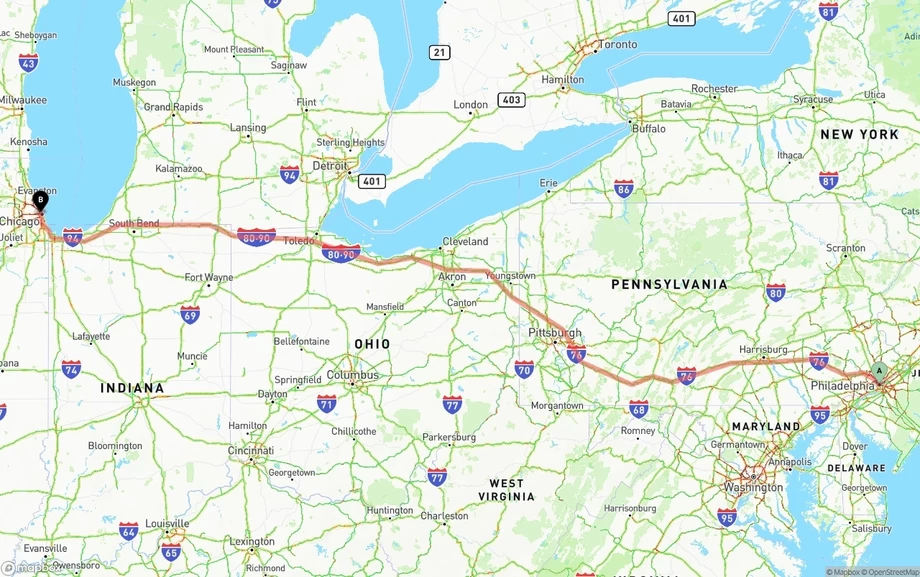 Philadelphia to Chicago freight shipping route map