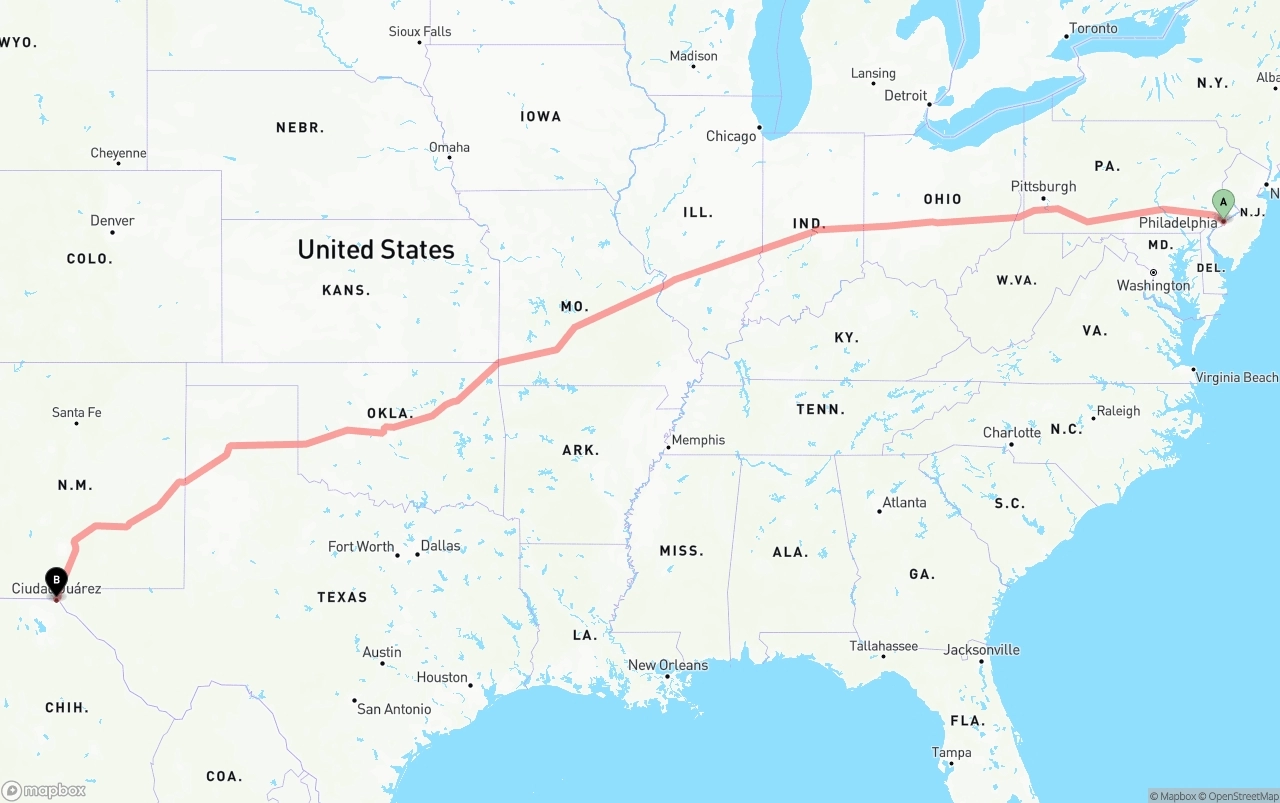 Shipping route from Philadelphia to El Paso