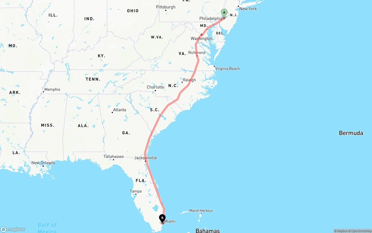 Shipping route from Philadelphia to Miami International Airport