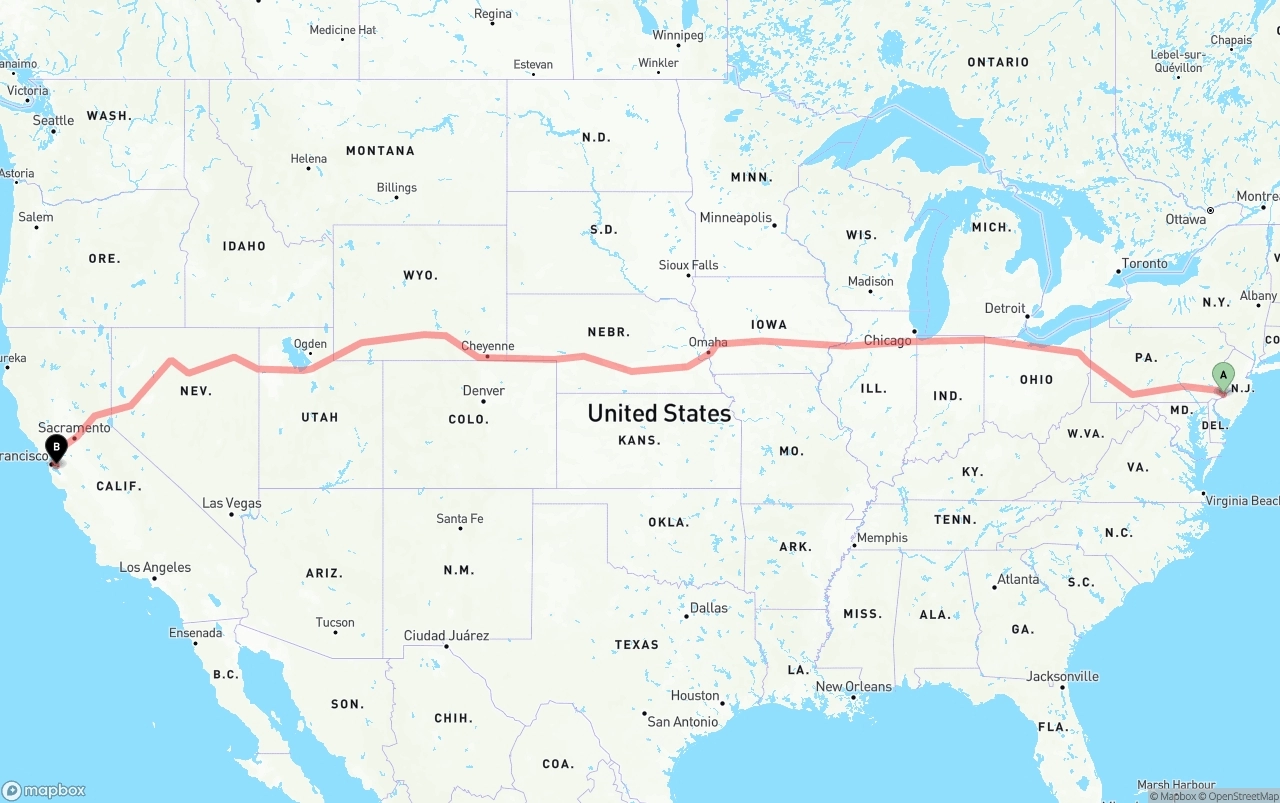Shipping route from Philadelphia to Oakland International Airport