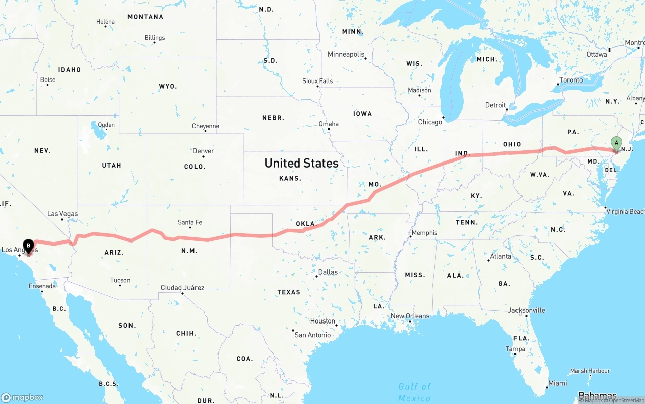 Shipping route from Philadelphia to Ontario International Airport