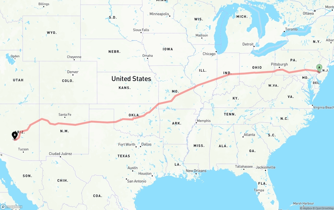 Shipping route from Philadelphia to Phoenix Sky Harbor International Airport
