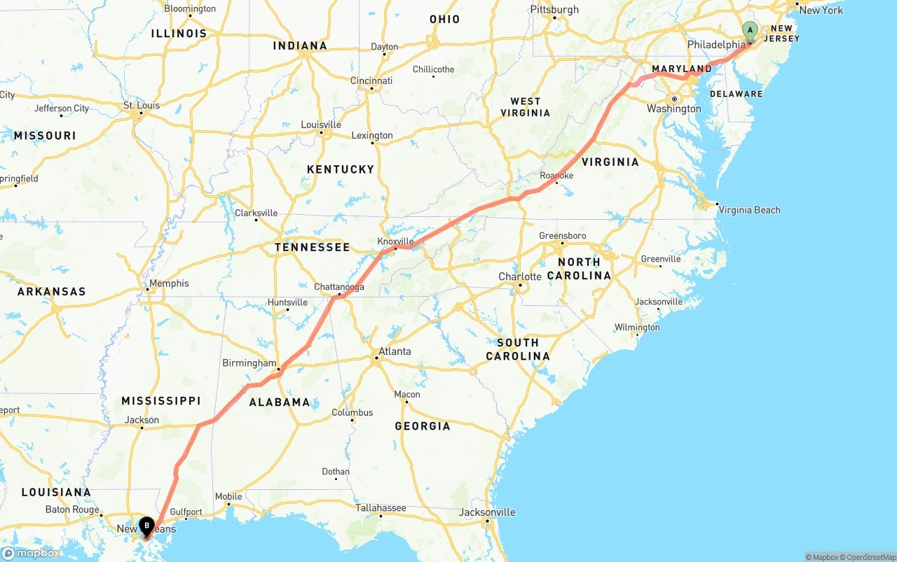 Shipping route from Philadelphia to Port of New Orleans