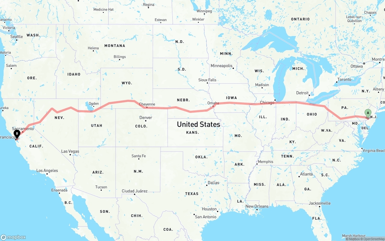 Shipping route from Philadelphia to Port of Oakland
