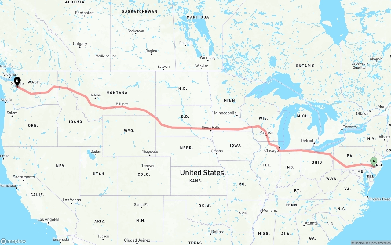 Shipping route from Philadelphia to Port of Seattle
