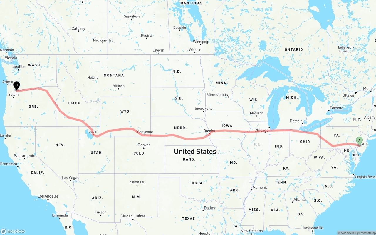 Shipping route from Philadelphia to Portland International Airport
