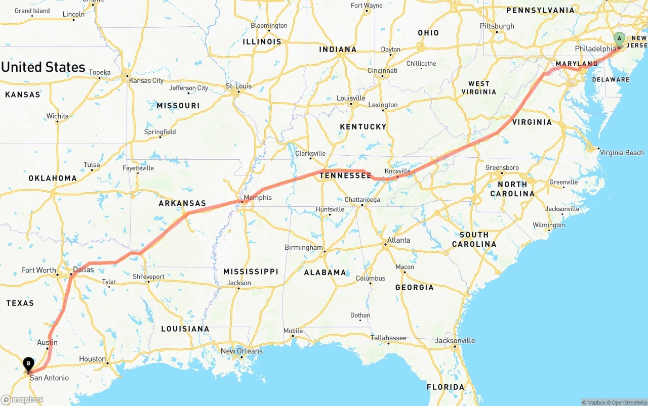 Shipping route from Philadelphia to San Antonio