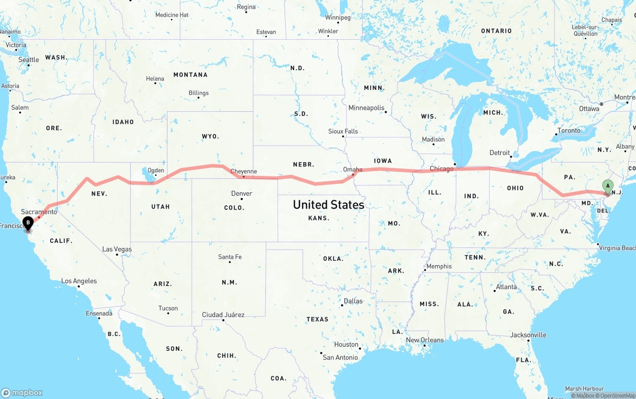 Shipping route from Philadelphia to San Francisco International Airport