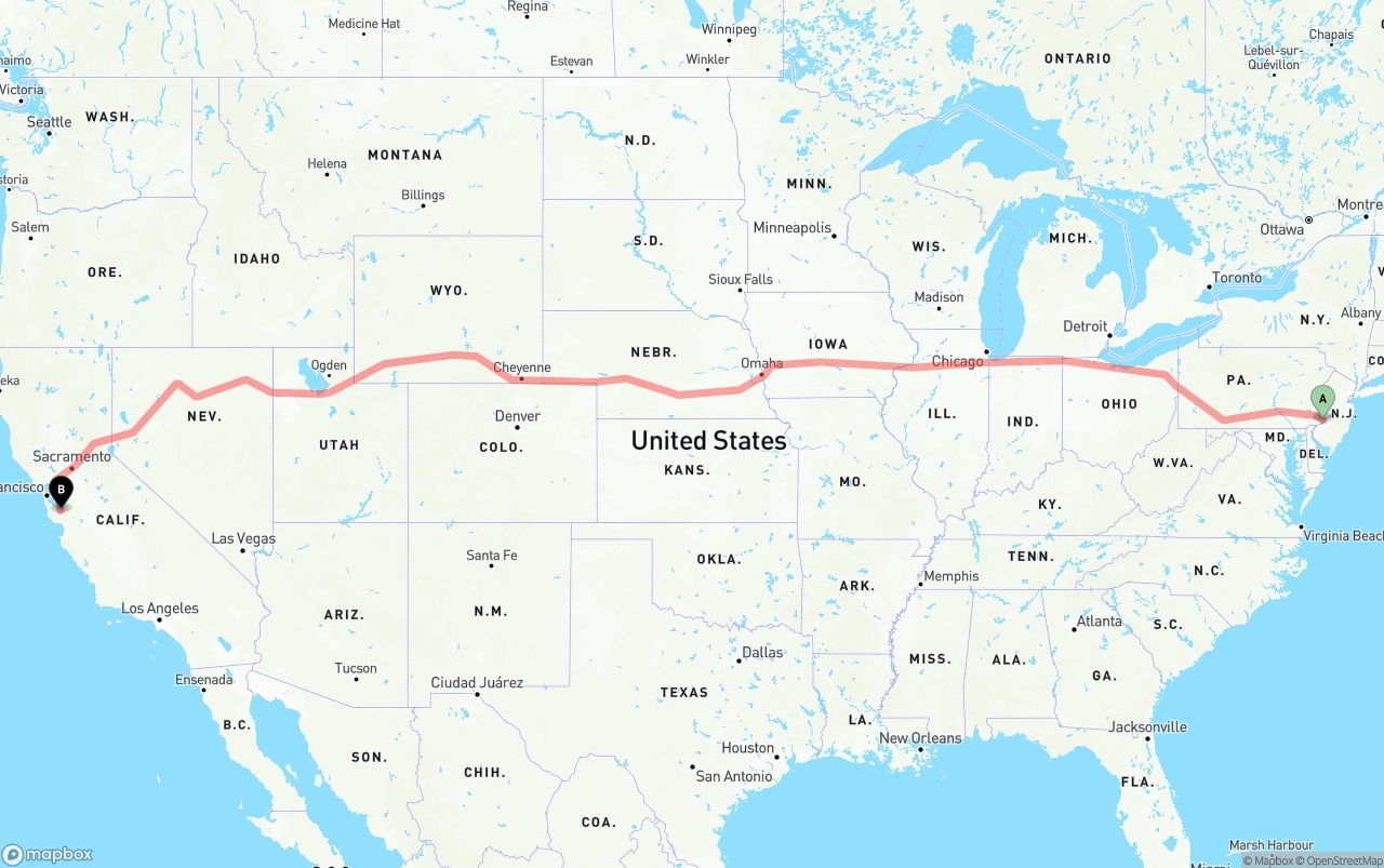 Shipping route from Philadelphia to San Jose