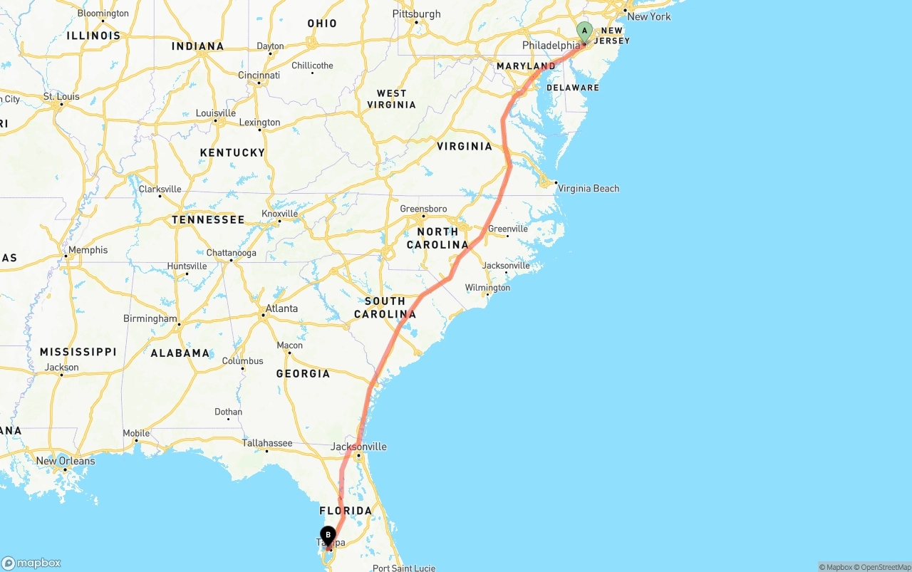Shipping route from Philadelphia to Tampa International Airport