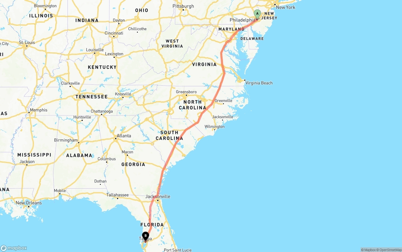 Shipping route from Philadelphia to Tampa