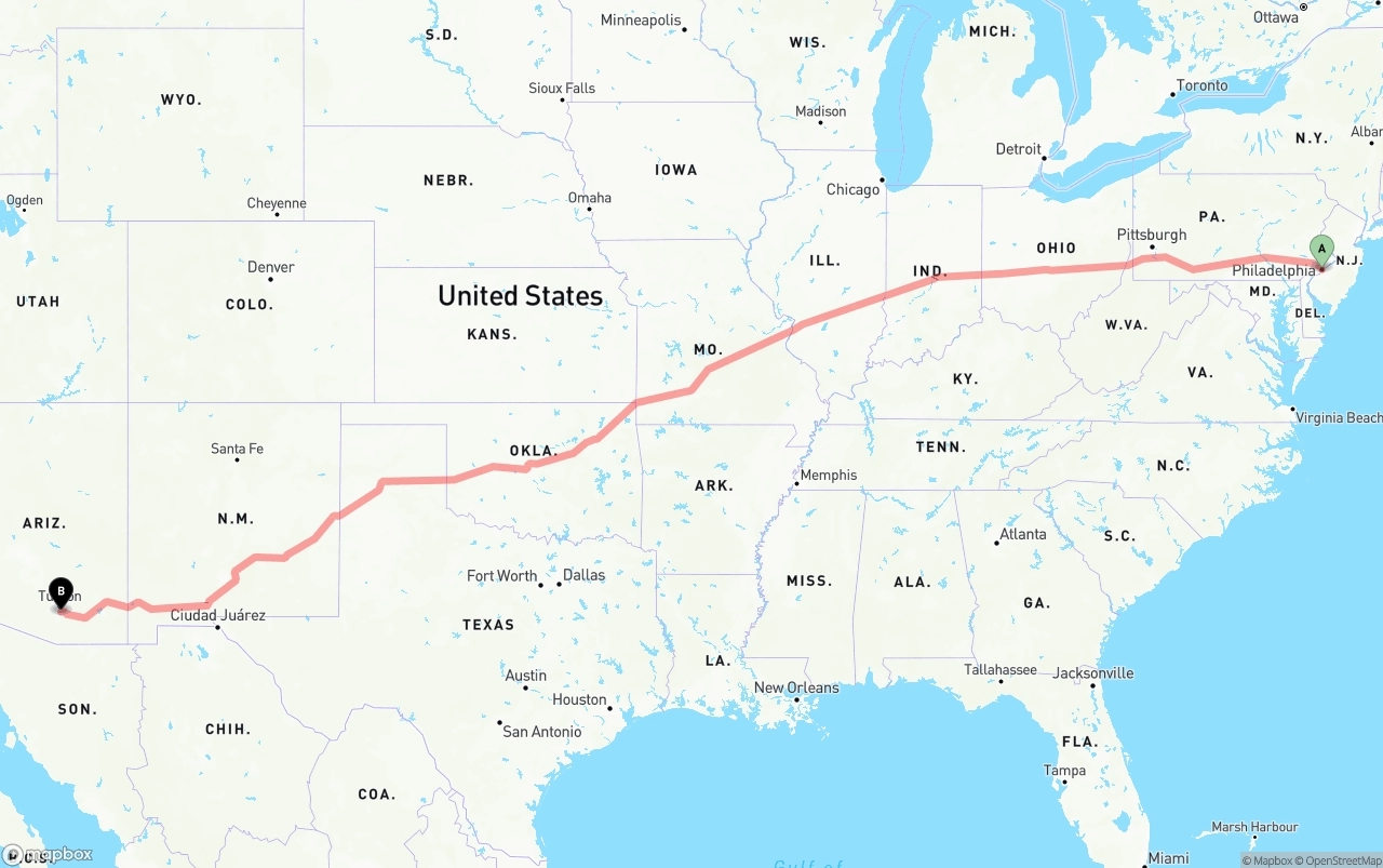 Shipping route from Philadelphia to Tucson International Airport