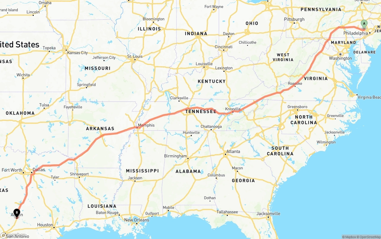 Shipping route from Phoenix to Austin