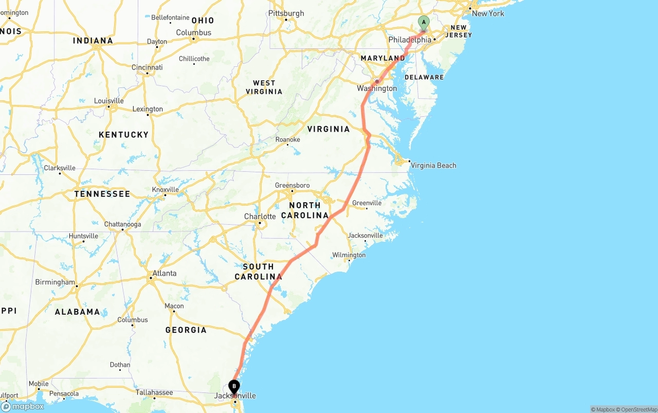 Shipping route from Phoenix to Jacksonville International Airport