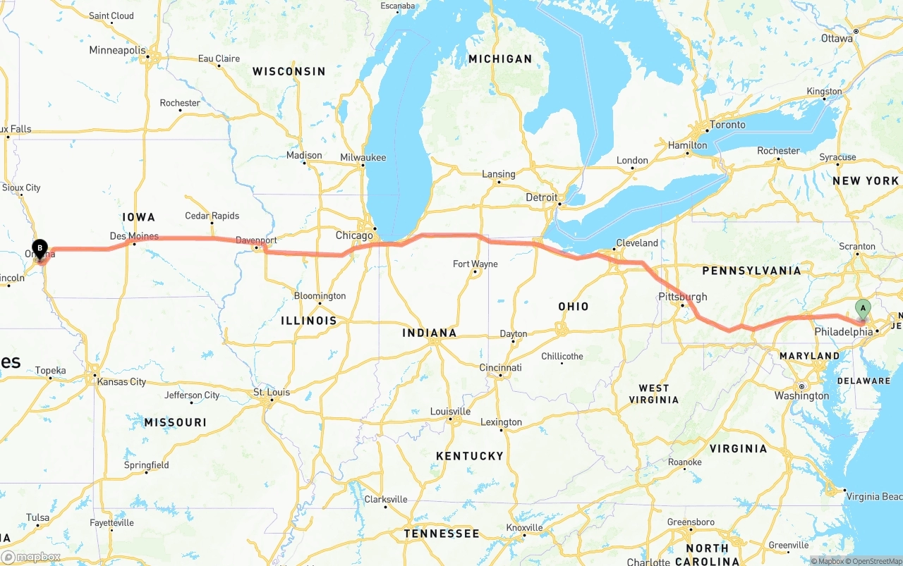 Shipping route from Phoenix to Omaha