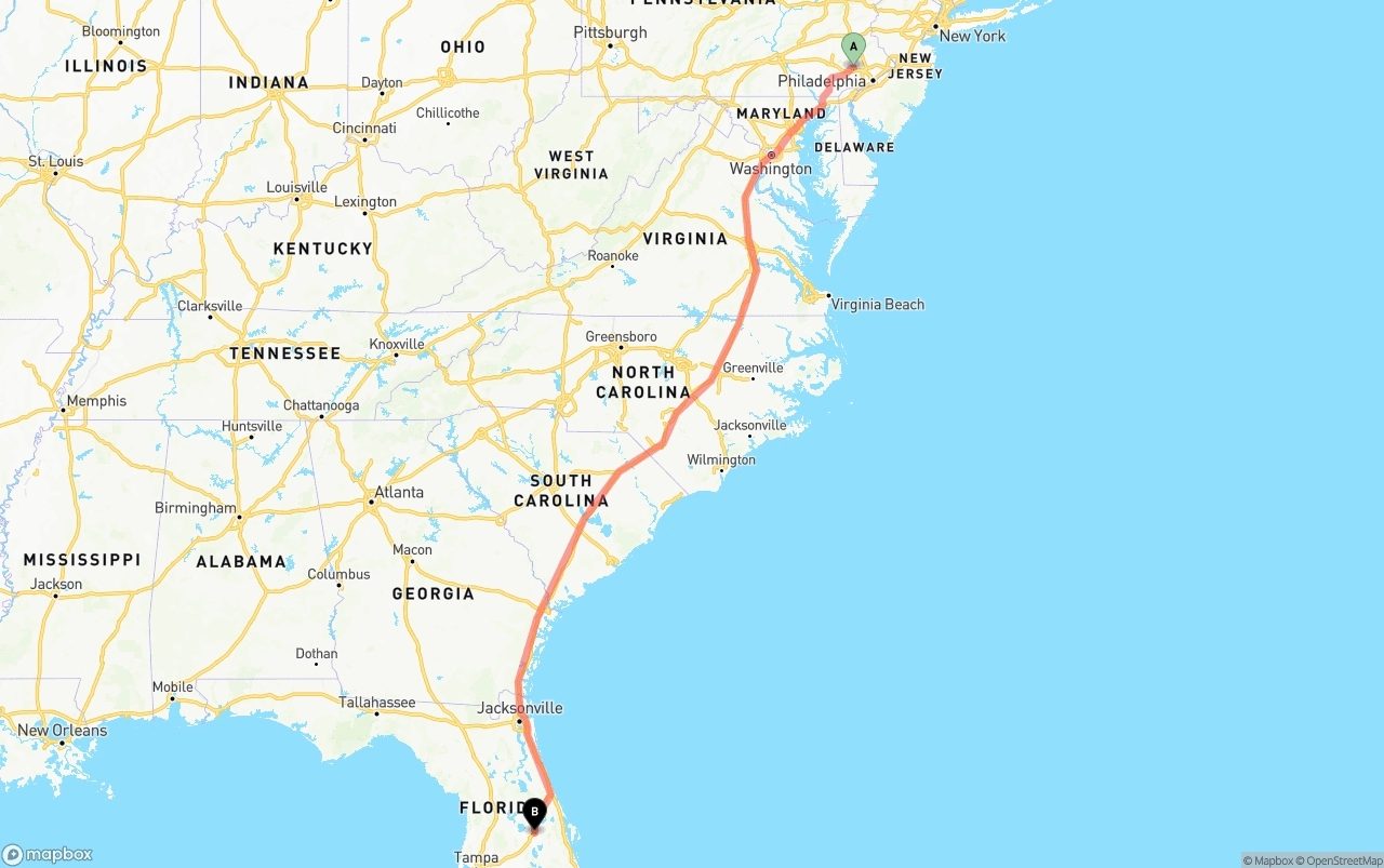 Shipping route from Phoenix to Orlando