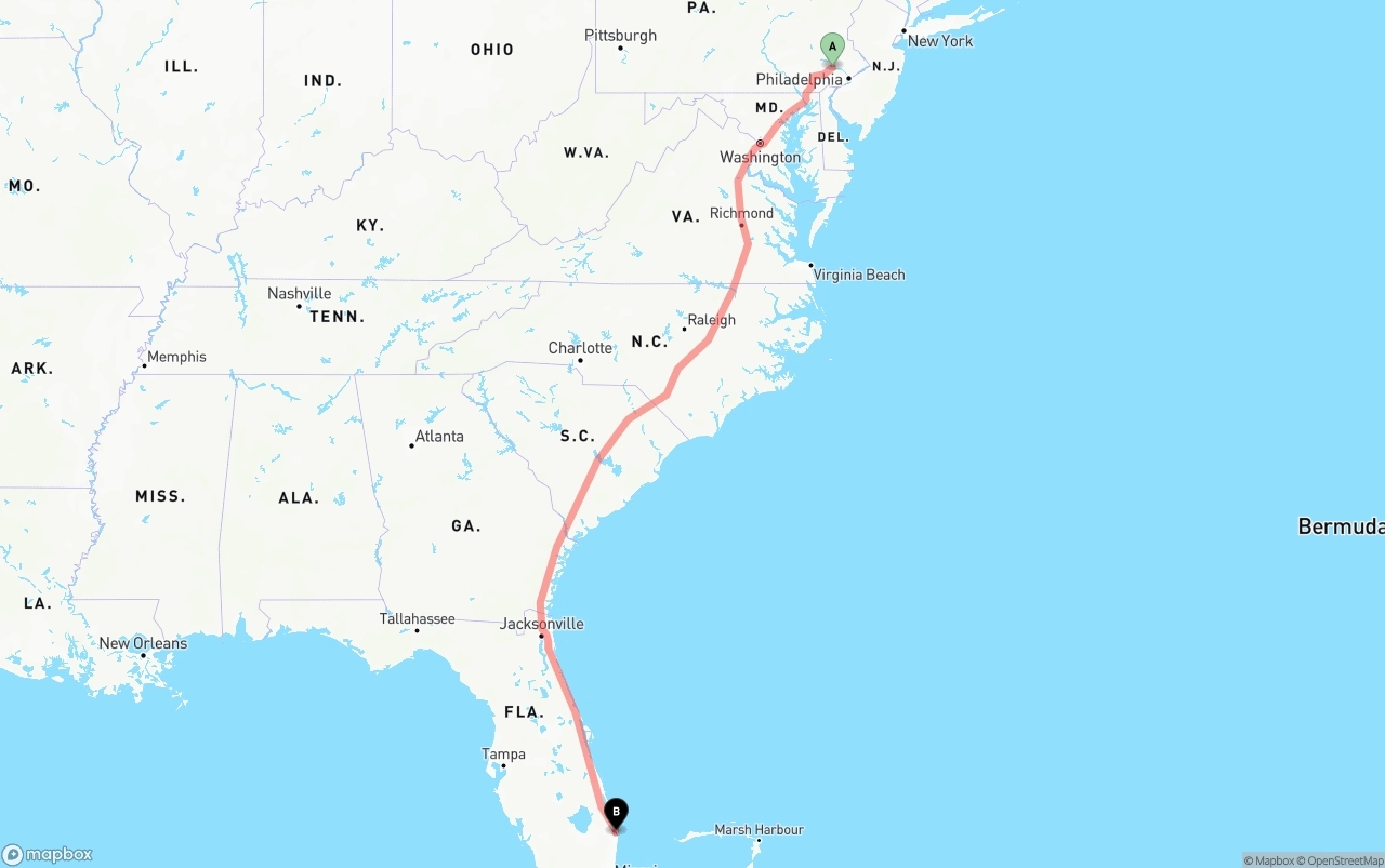 Shipping route from Phoenix to Palm Beach International Airport