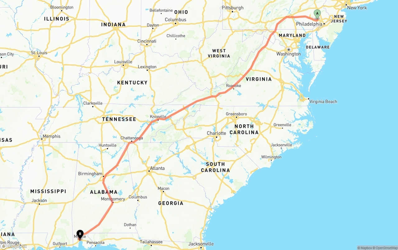Shipping route from Phoenix to Port of Mobile