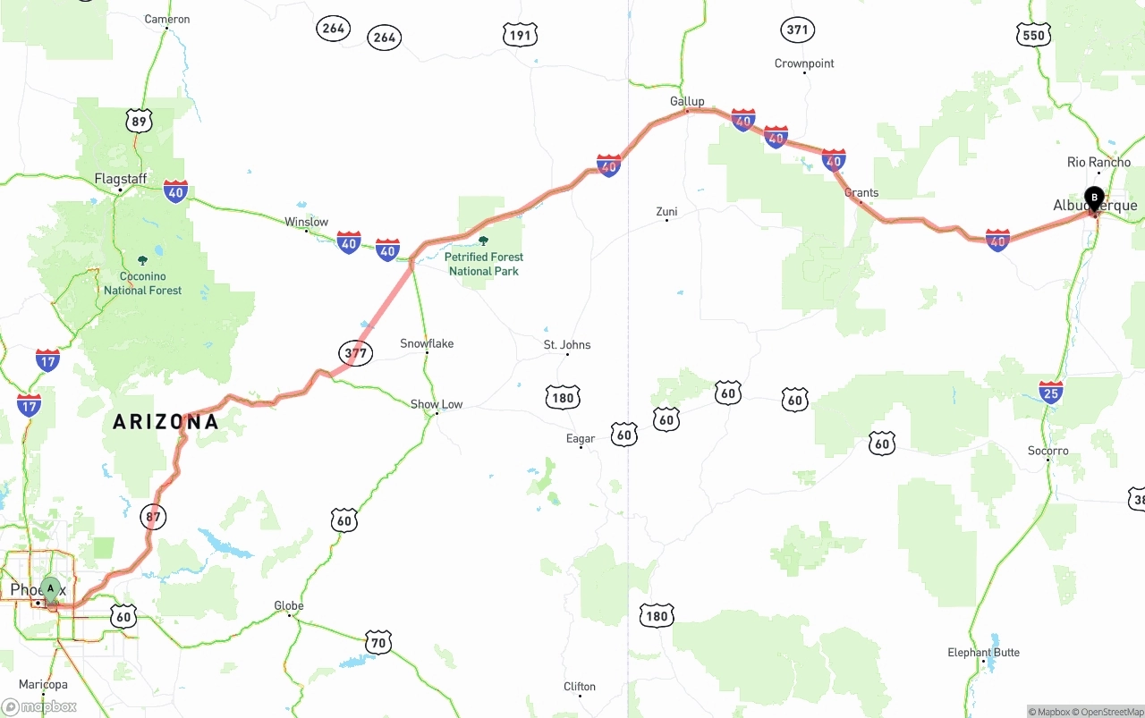 Shipping route from Phoenix Sky Harbor International Airport to Albuquerque