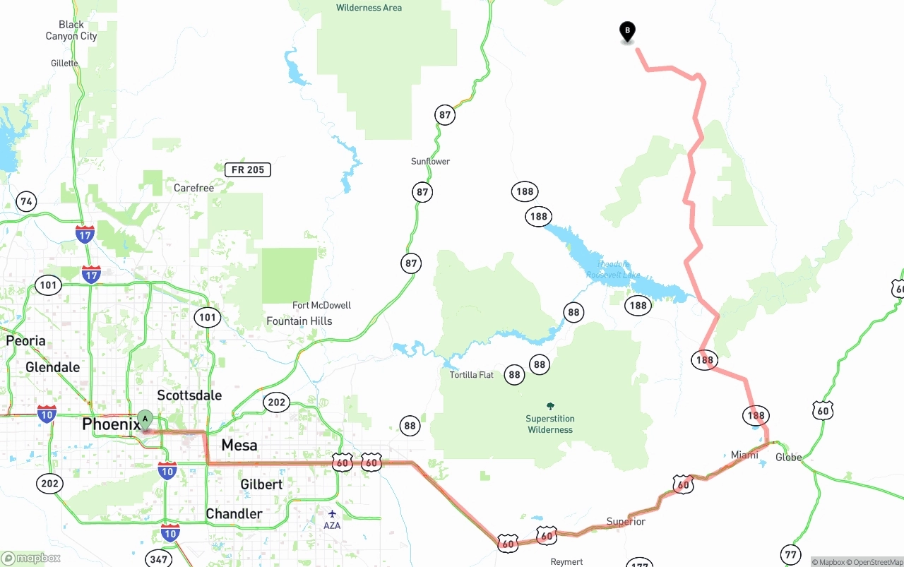 Shipping route from Phoenix Sky Harbor International Airport to Arizona