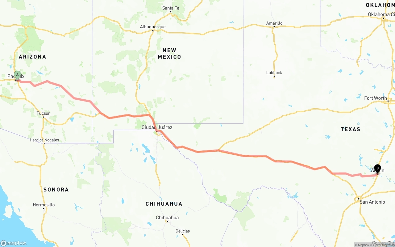 Shipping route from Phoenix Sky Harbor International Airport to Austin