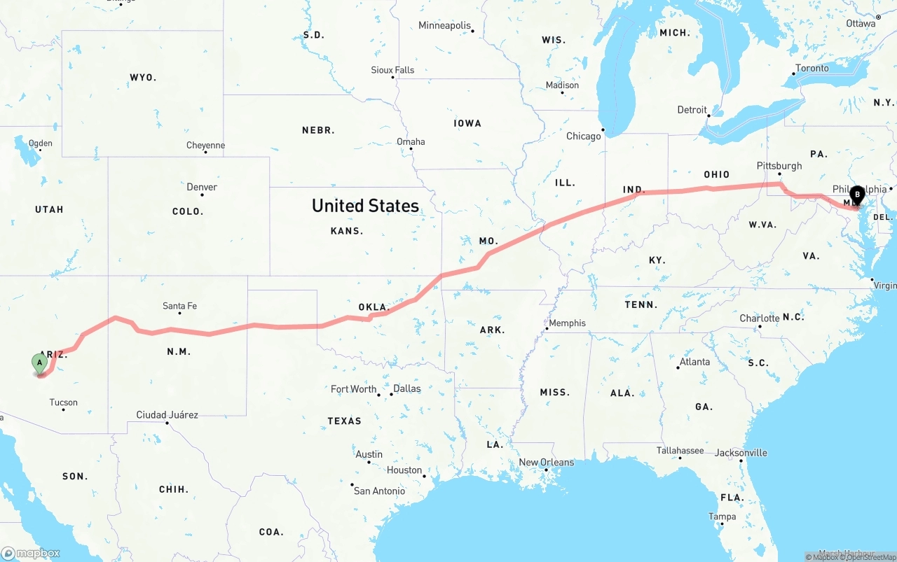 Shipping route from Phoenix Sky Harbor International Airport to Baltimore