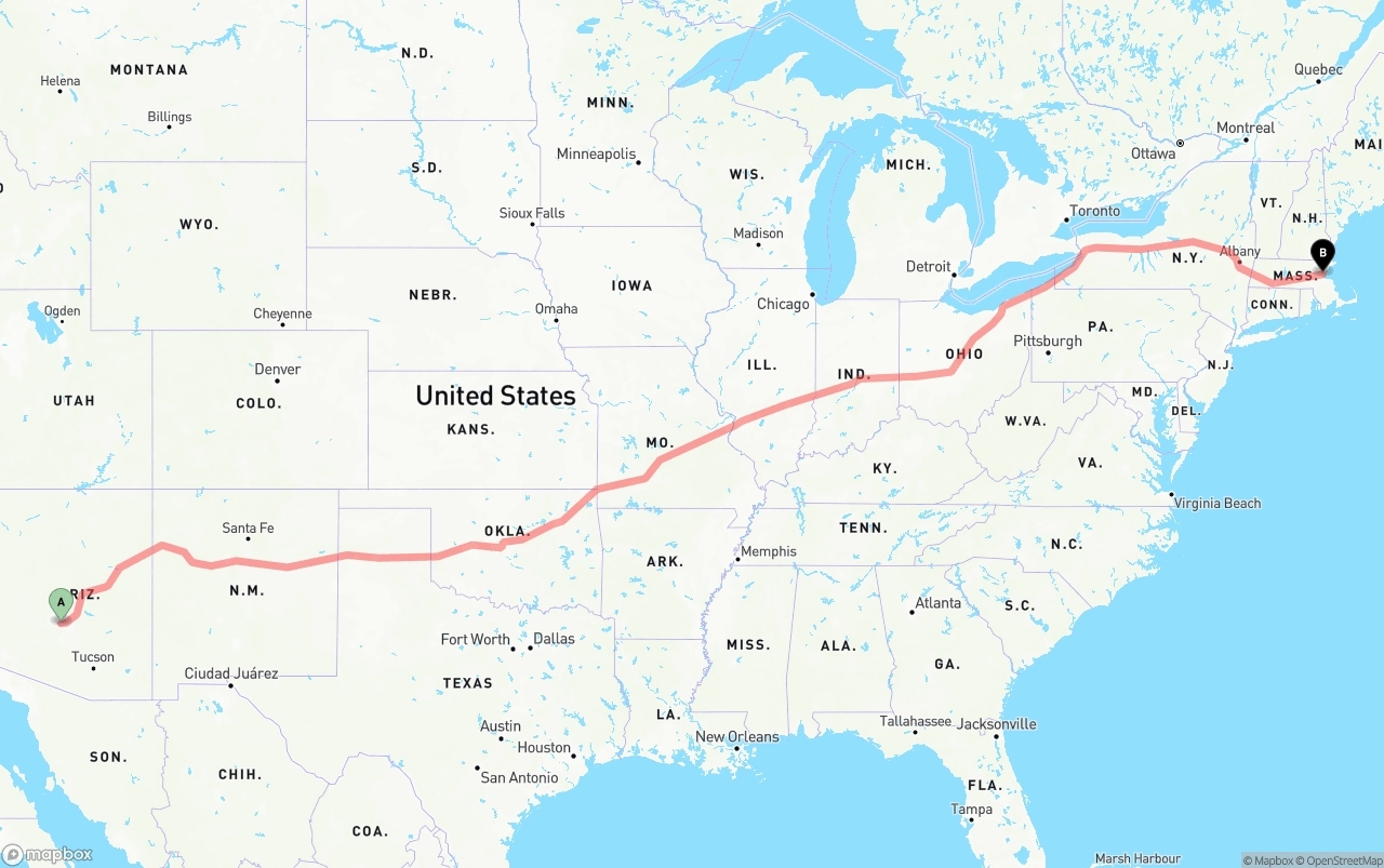 Shipping route from Phoenix Sky Harbor International Airport to Boston