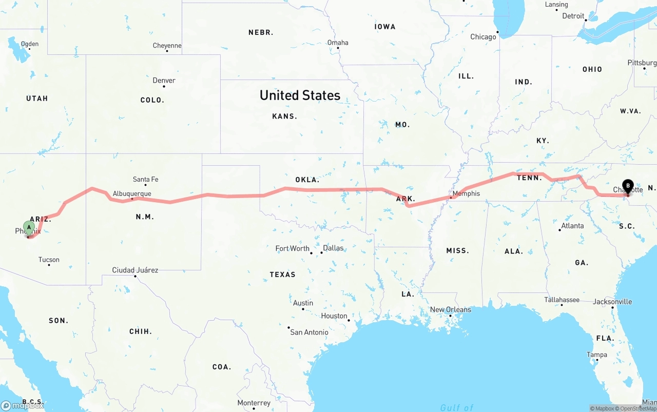 Shipping route from Phoenix Sky Harbor International Airport to Charlotte