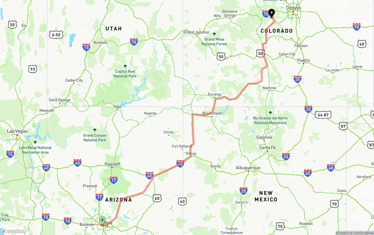 Shipping route from Phoenix Sky Harbor International Airport to Colorado
