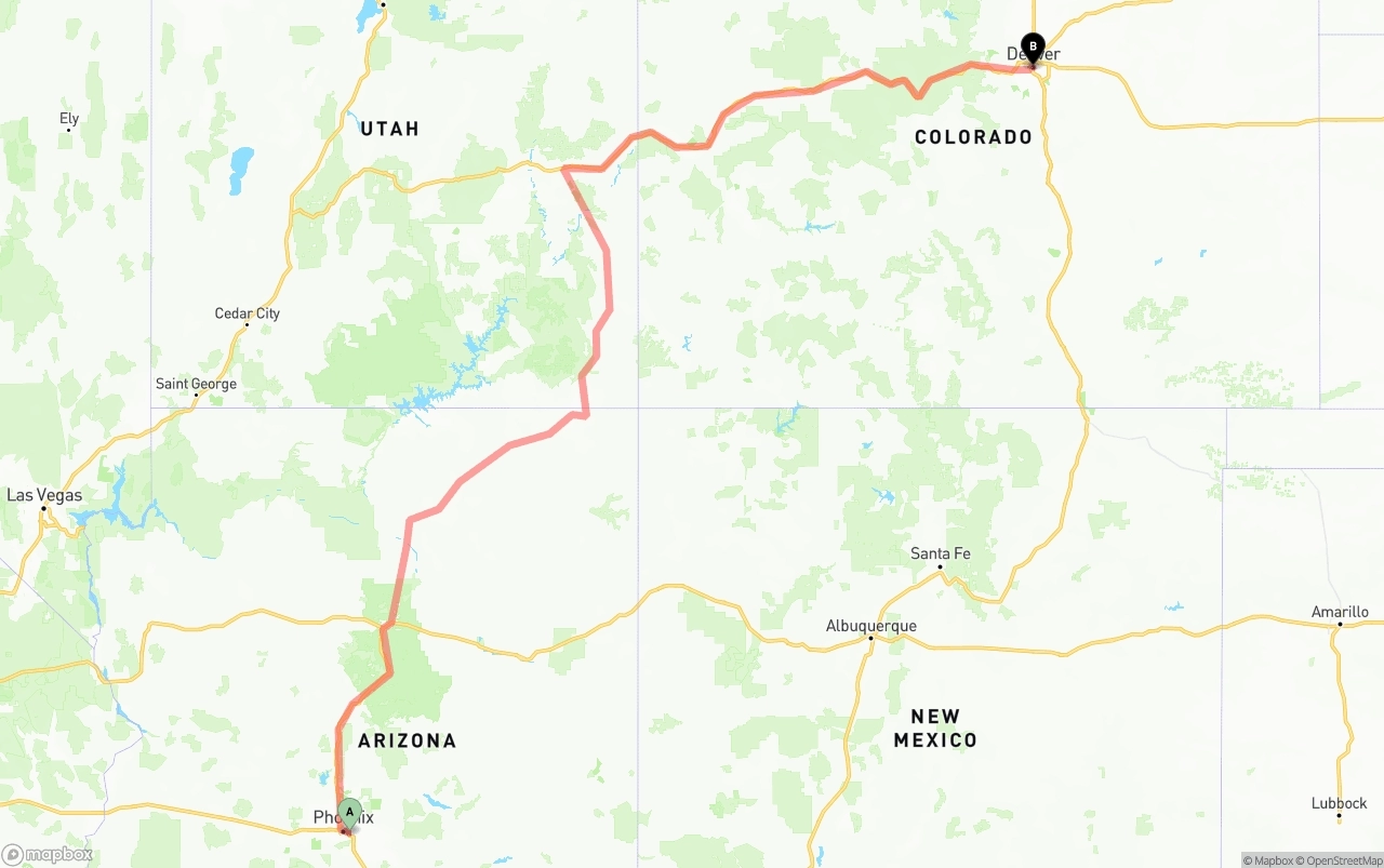 Shipping route from Phoenix Sky Harbor International Airport to Denver
