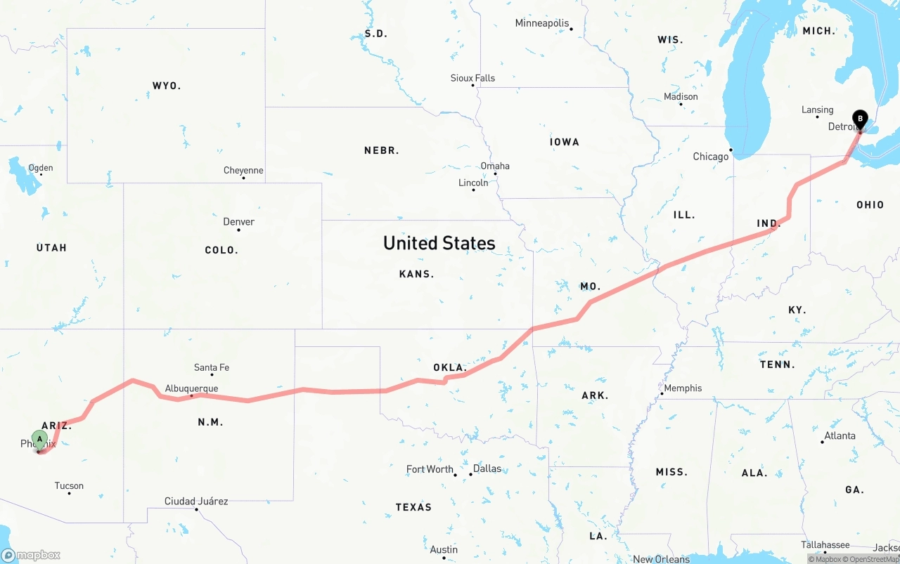 Shipping route from Phoenix Sky Harbor International Airport to Detroit