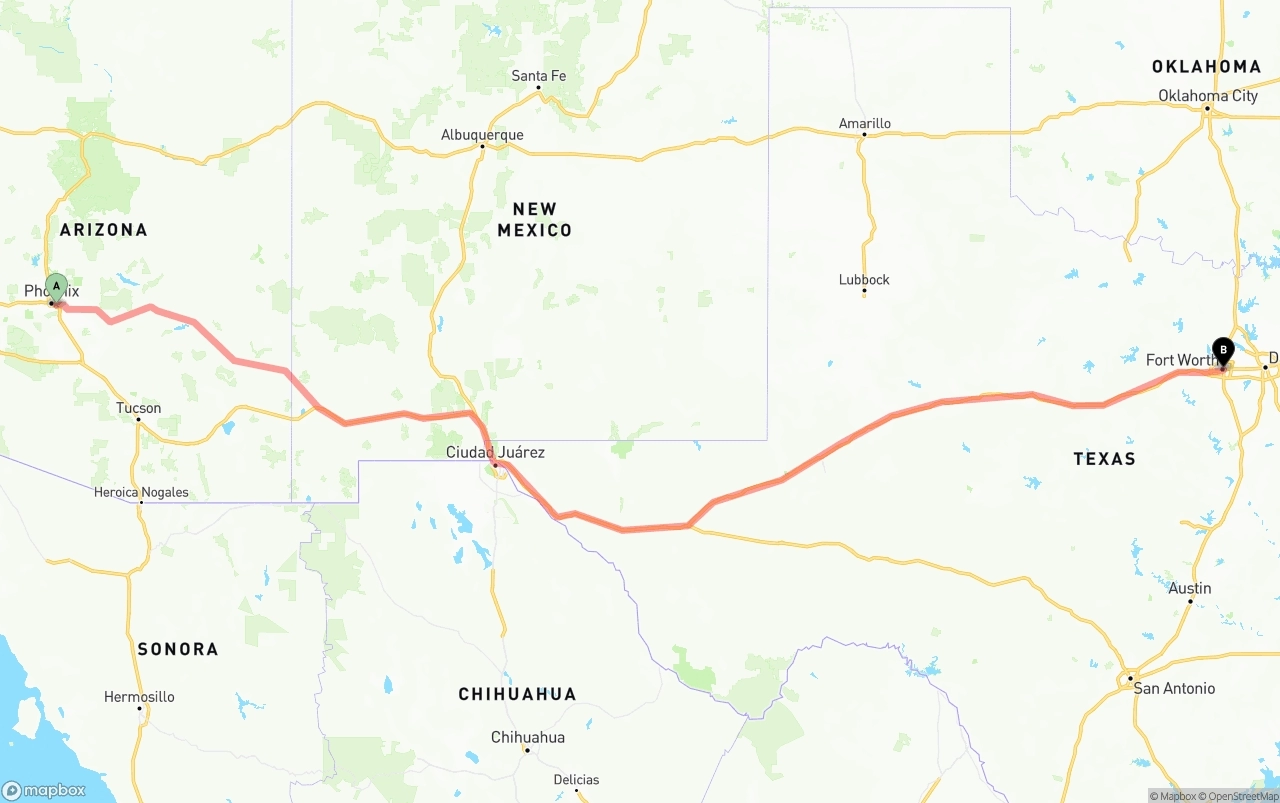Shipping route from Phoenix Sky Harbor International Airport to Fort Worth