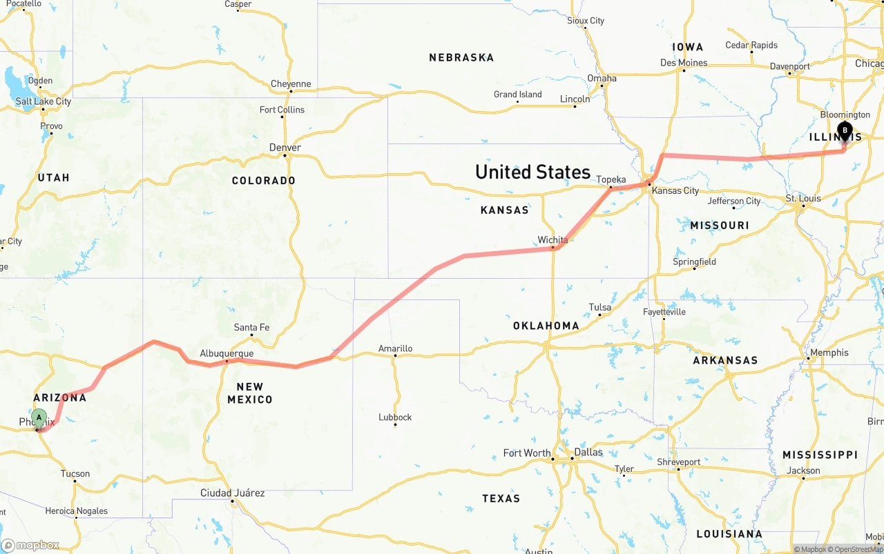 Shipping route from Phoenix Sky Harbor International Airport to Illinois