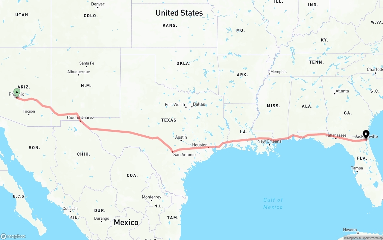 Shipping route from Phoenix Sky Harbor International Airport to Jacksonville