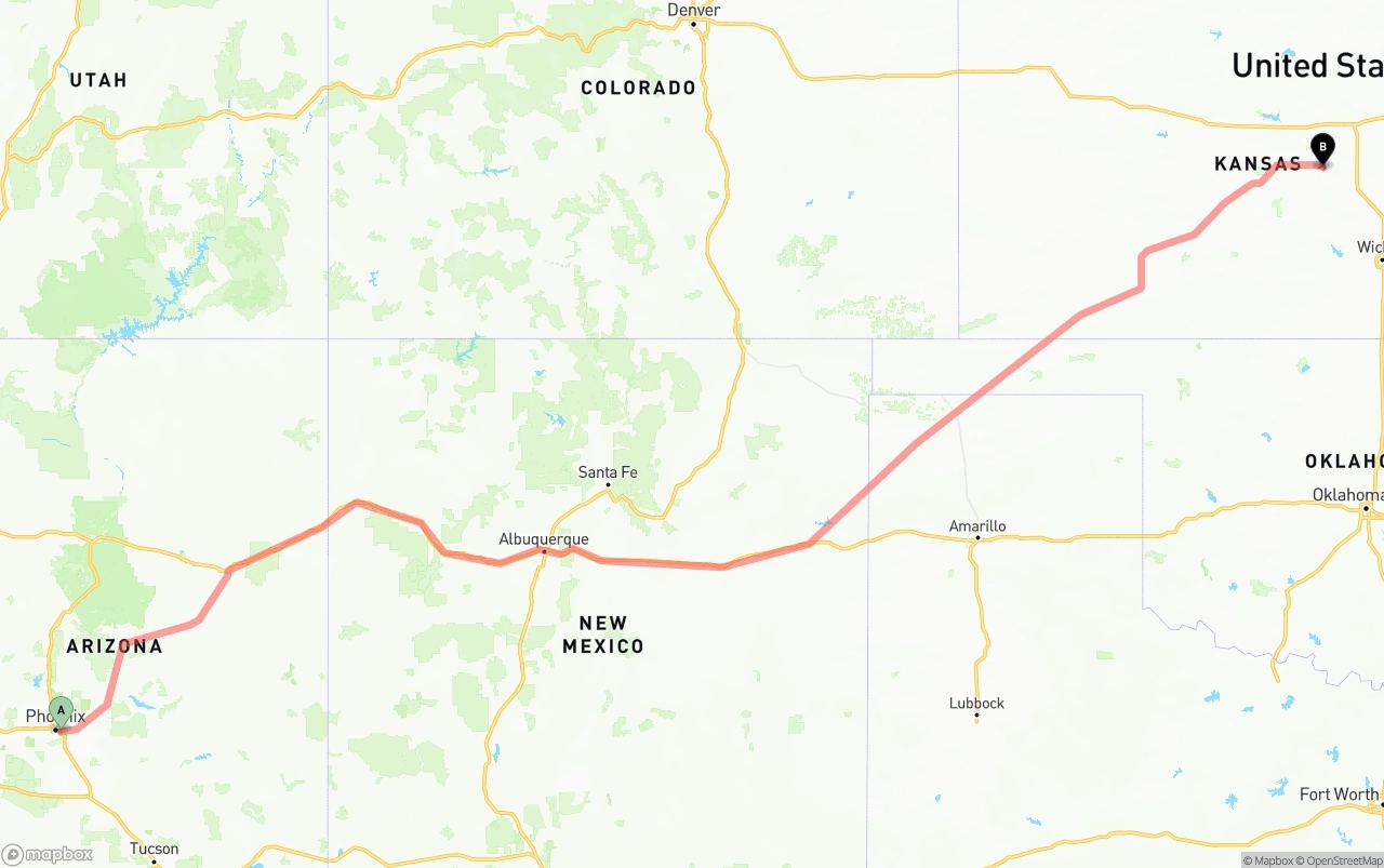 Shipping route from Phoenix Sky Harbor International Airport to Kansas